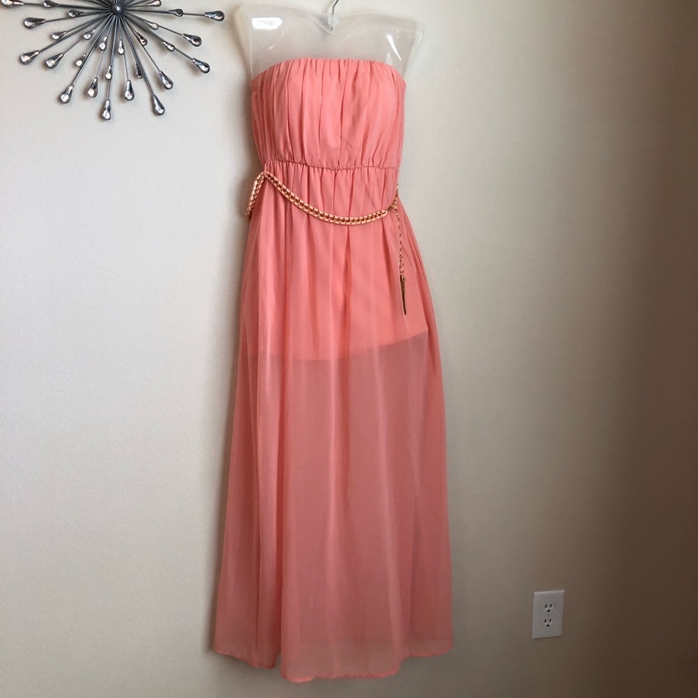 FLOWING PEACH STRAPLESS MAXI DRESS SIZE SMALL